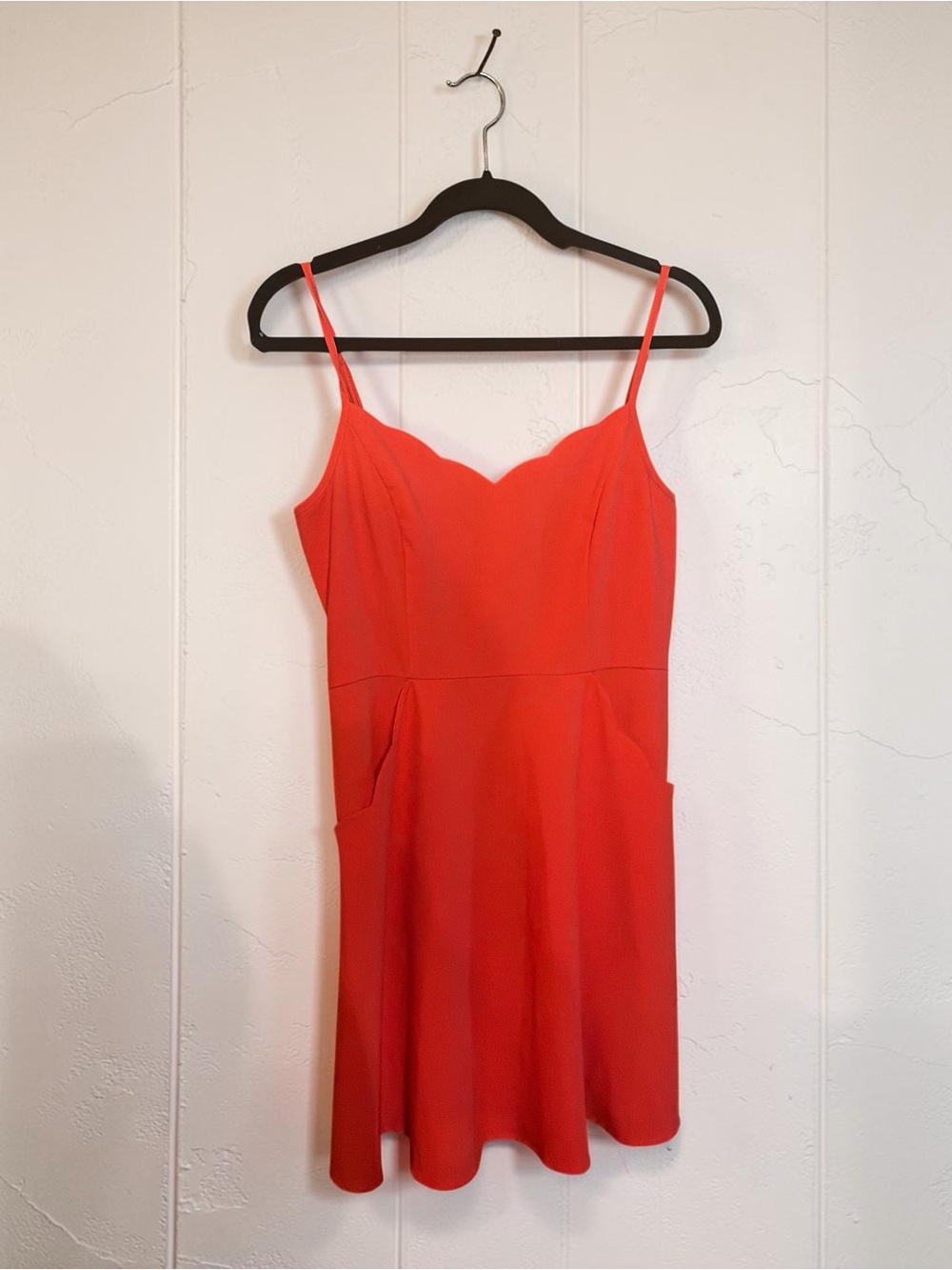 Market & Spruce Coral-Red Crissie Scallop Detail Mini Dress with Pockets!